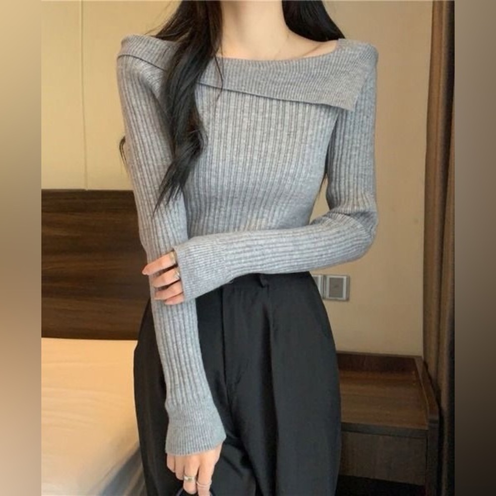 Dazy Ribbed Off Shoulder Knit Sweater Grey Fitted Minimalist Top Size S - Picture 10 of 13